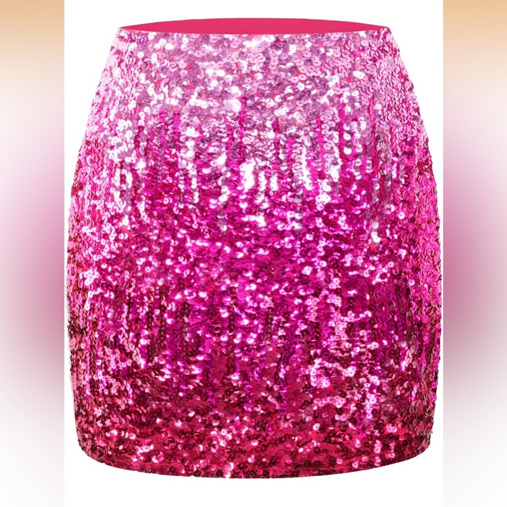MANER Women's Pink Ombré Sequin Sparkle Stretchy Bodycon Mini Skirt - Size L